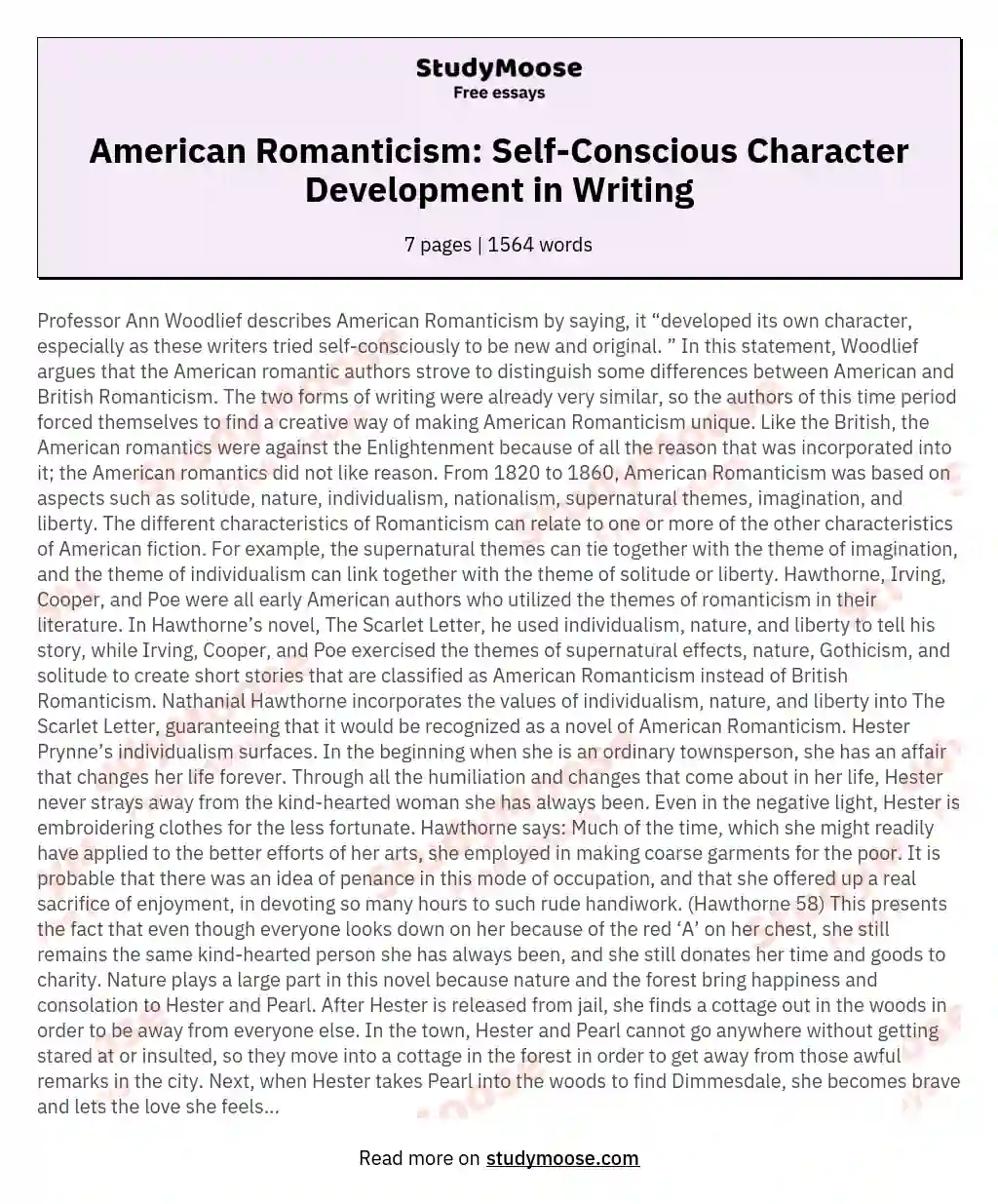 American Romanticism: Self-Conscious Character Development in Writing essay