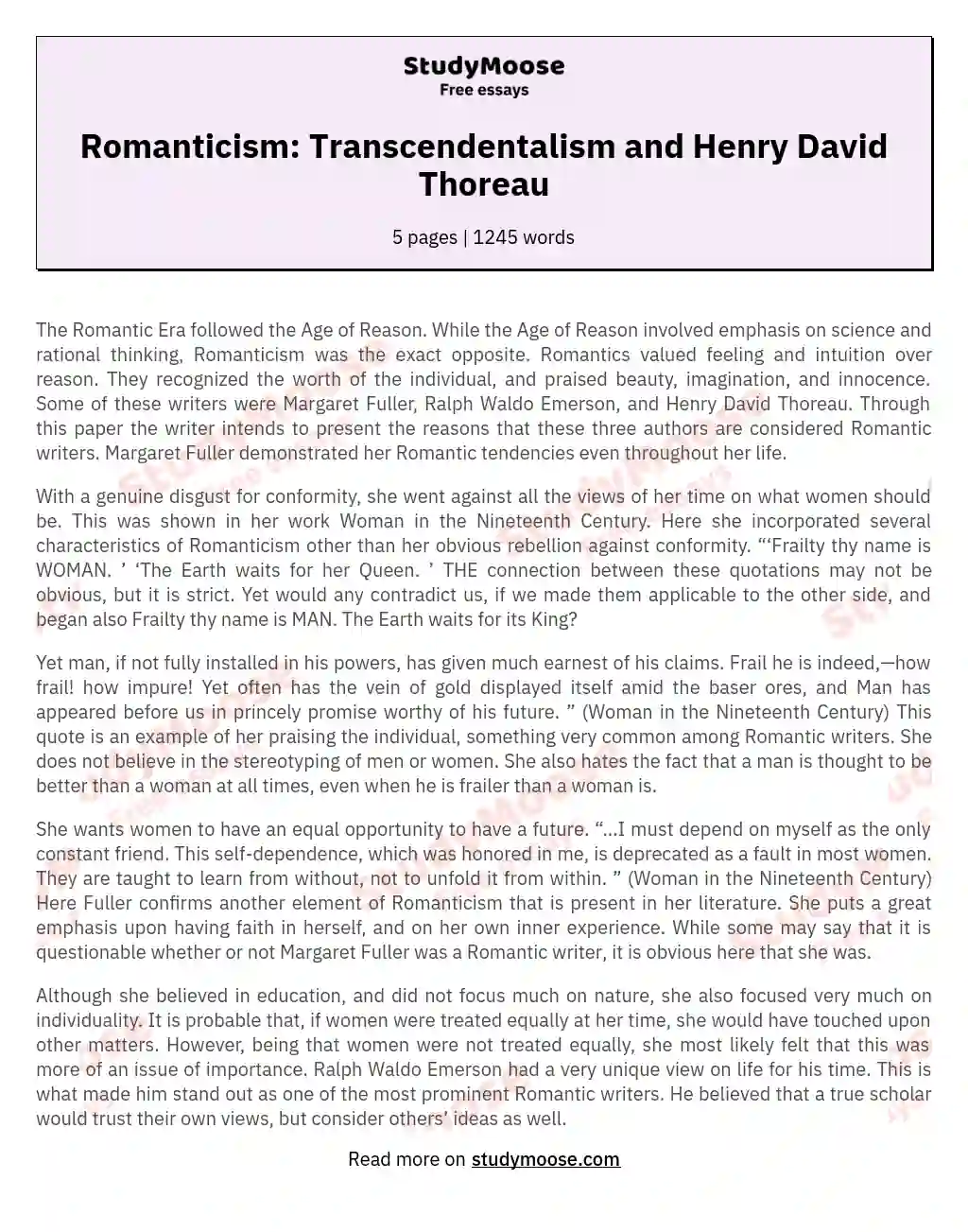 Romanticism: Transcendentalism and Henry David Thoreau