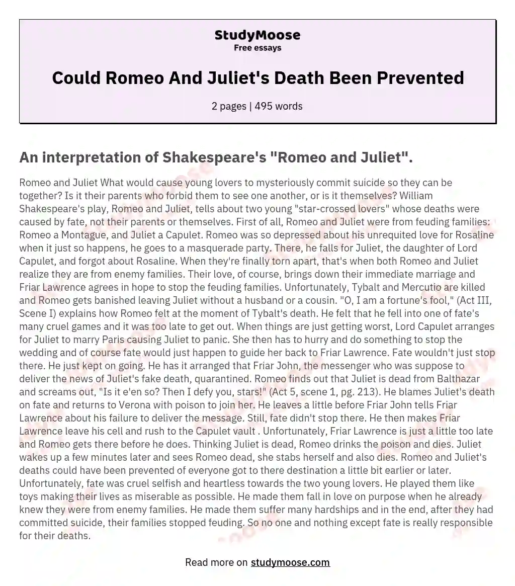 Could Romeo And Juliet's Death Been Prevented essay