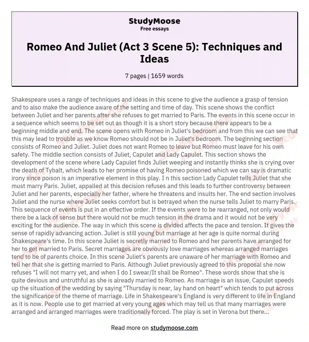 Romeo And Juliet (Act 3 Scene 5): Techniques and Ideas essay