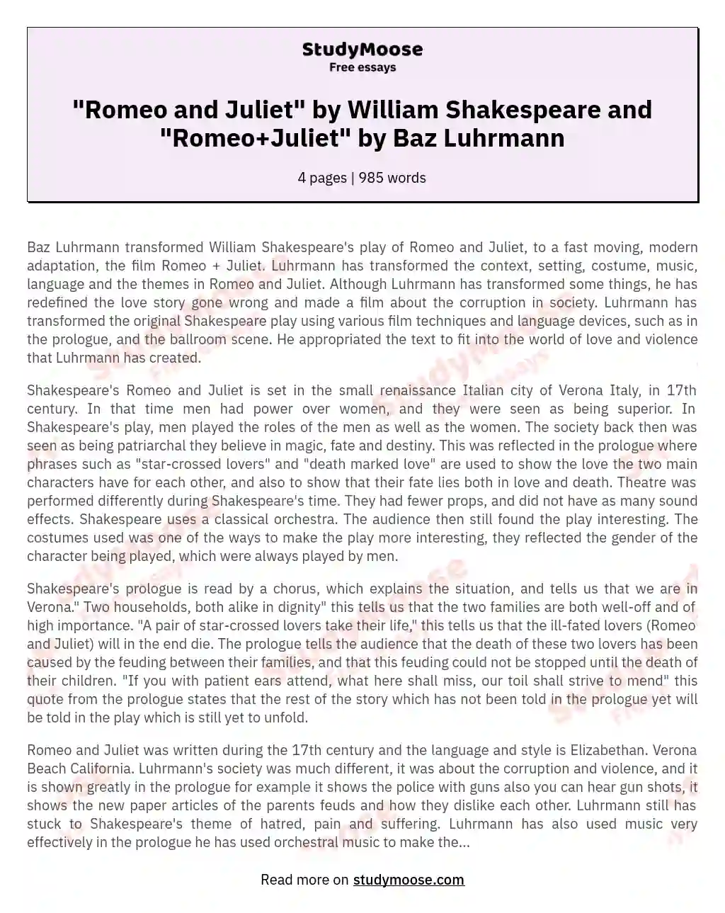 "Romeo and Juliet" by William Shakespeare and "Romeo+Juliet" by Baz Luhrmann essay