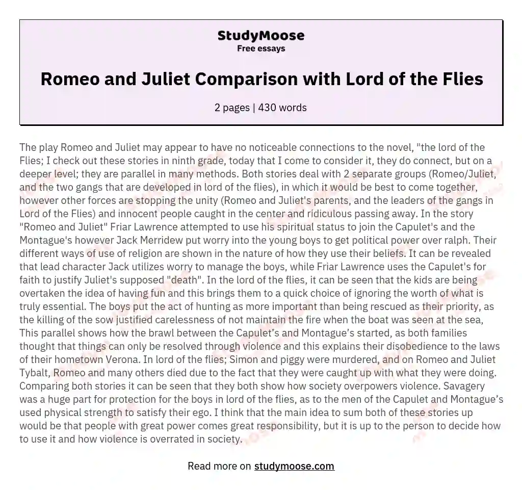 Romeo and Juliet Comparison with Lord of the Flies essay