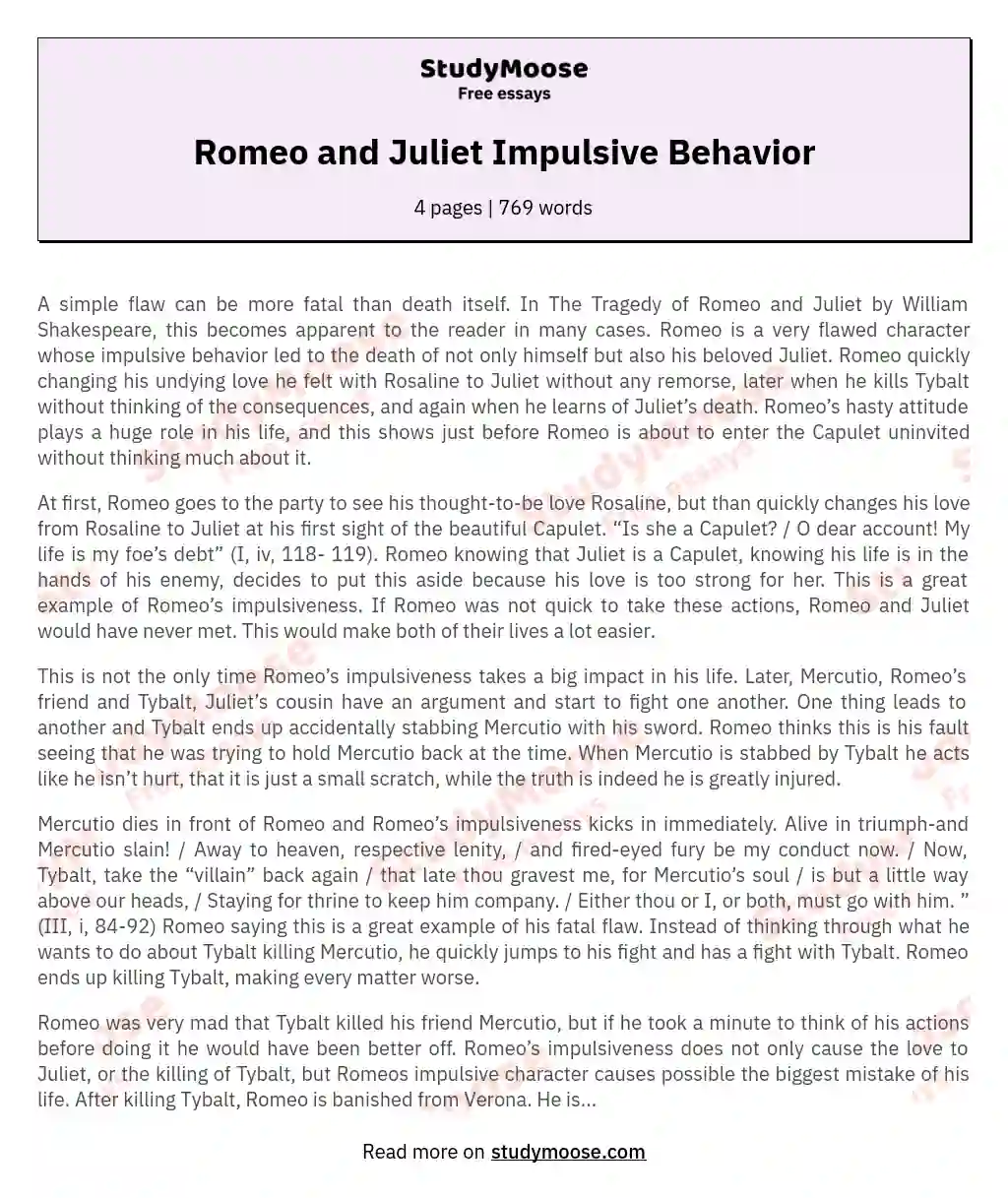 The Destructive Power of Impulsivity in "Romeo and Juliet" essay