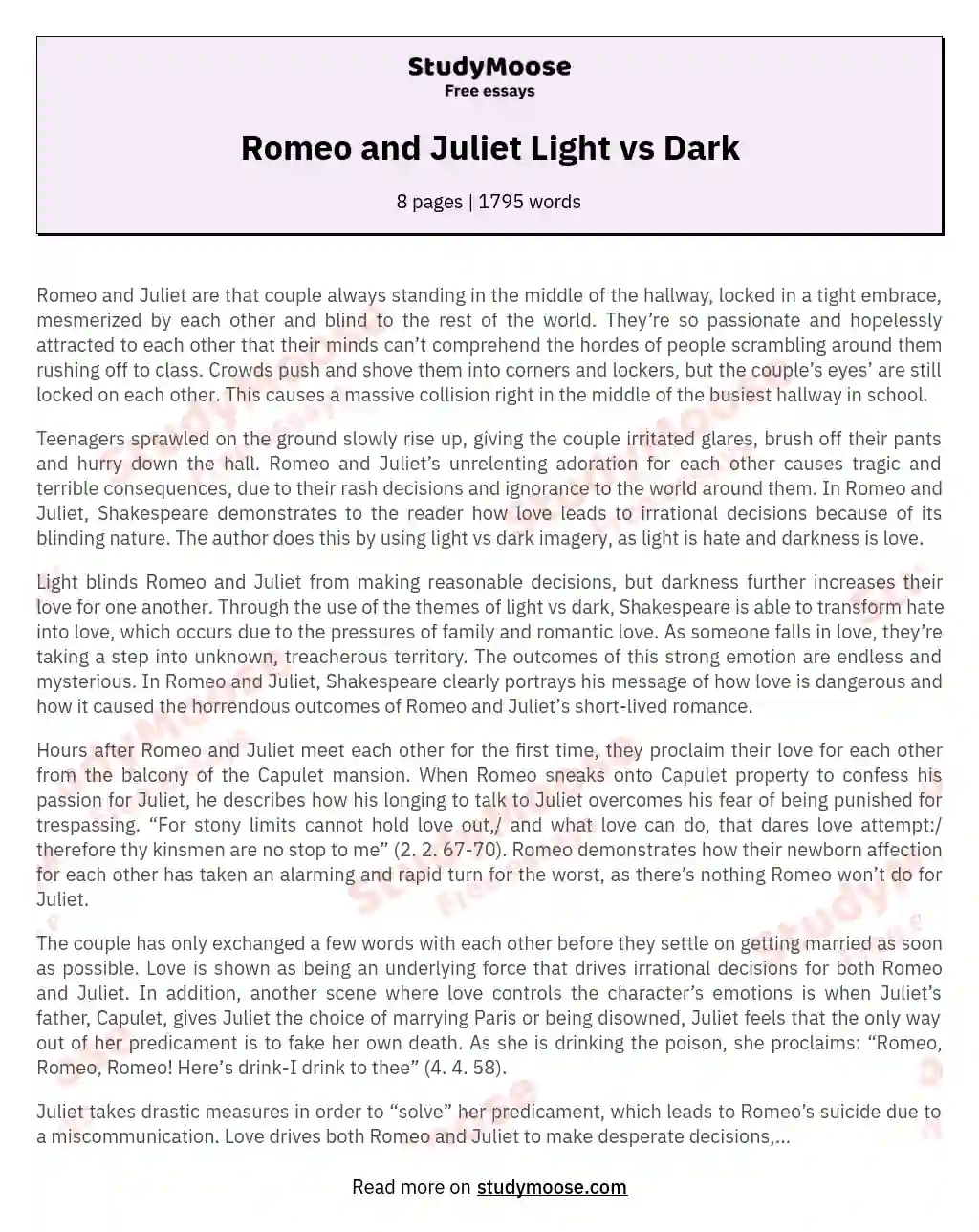 Romeo and Juliet Light vs Dark essay