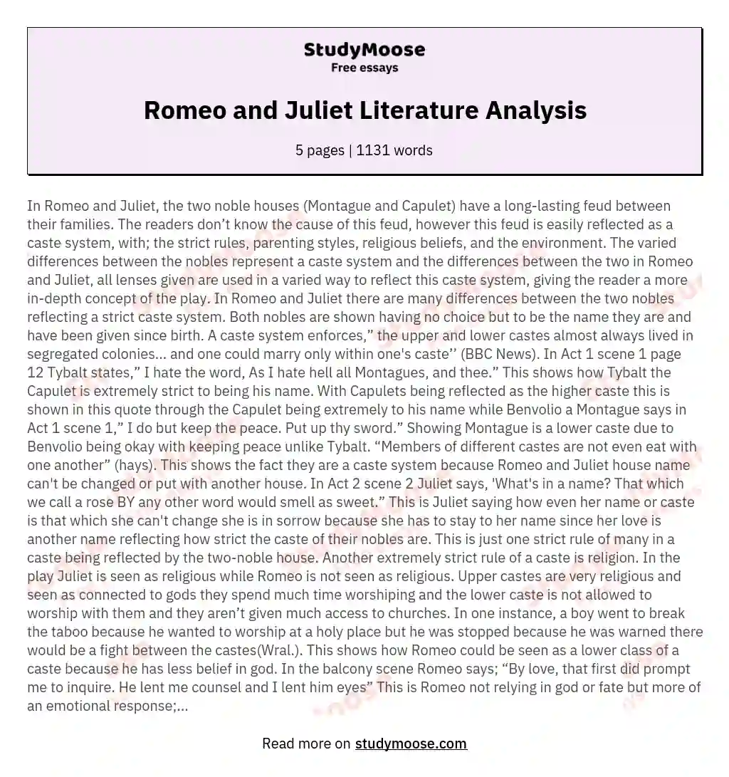 Romeo and Juliet Literature Analysis