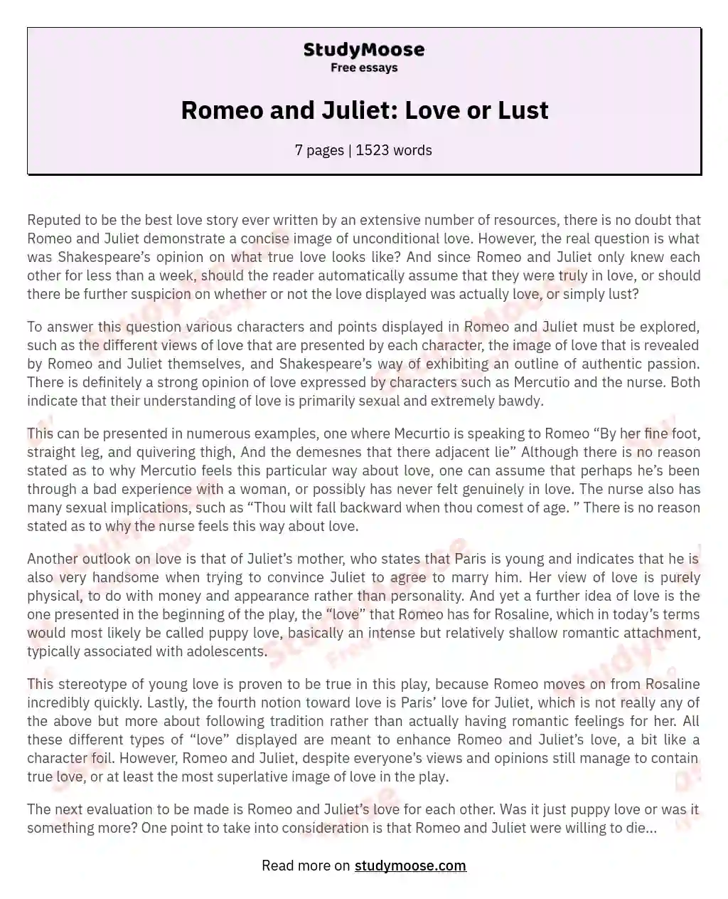 romeo and juliet love vs lust essay