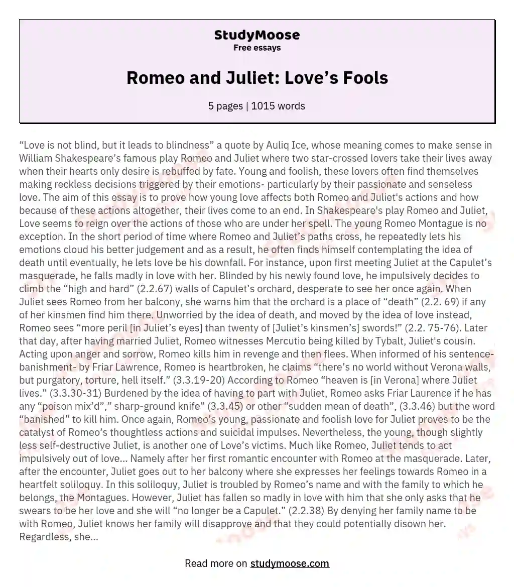 Romeo and Juliet: Love’s Fools essay