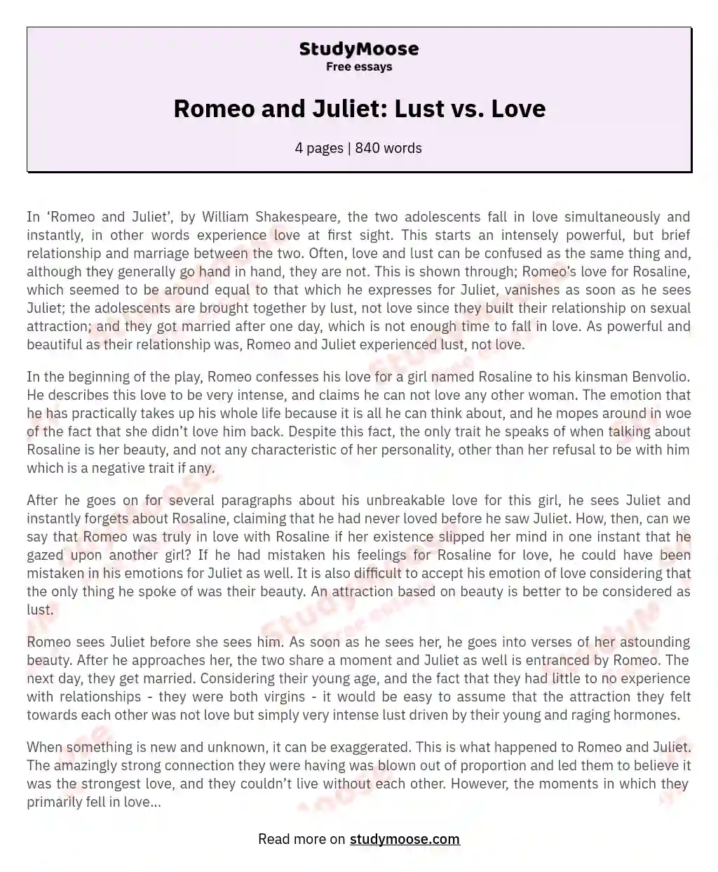 Romeo and Juliet: Lust vs. Love essay