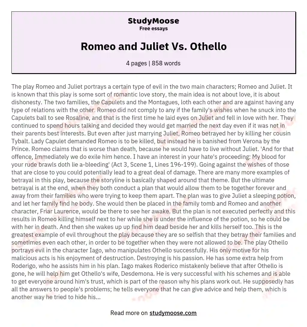 Romeo and Juliet Vs. Othello essay