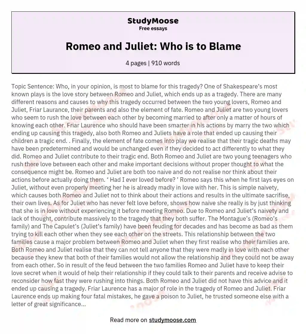 romeo and juliet essay friar laurence to blame