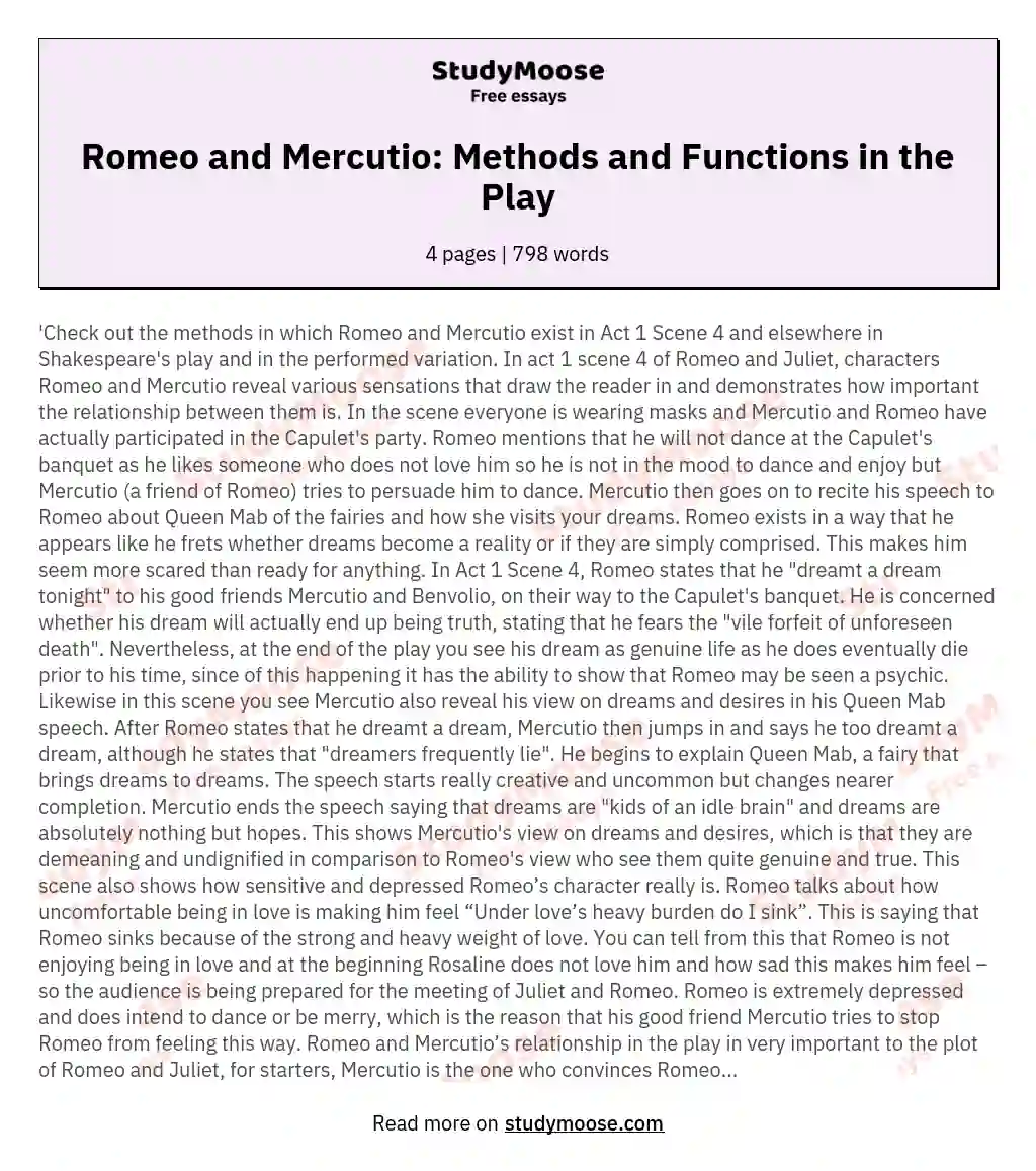 Romeo and Mercutio: Methods and Functions in the Play essay