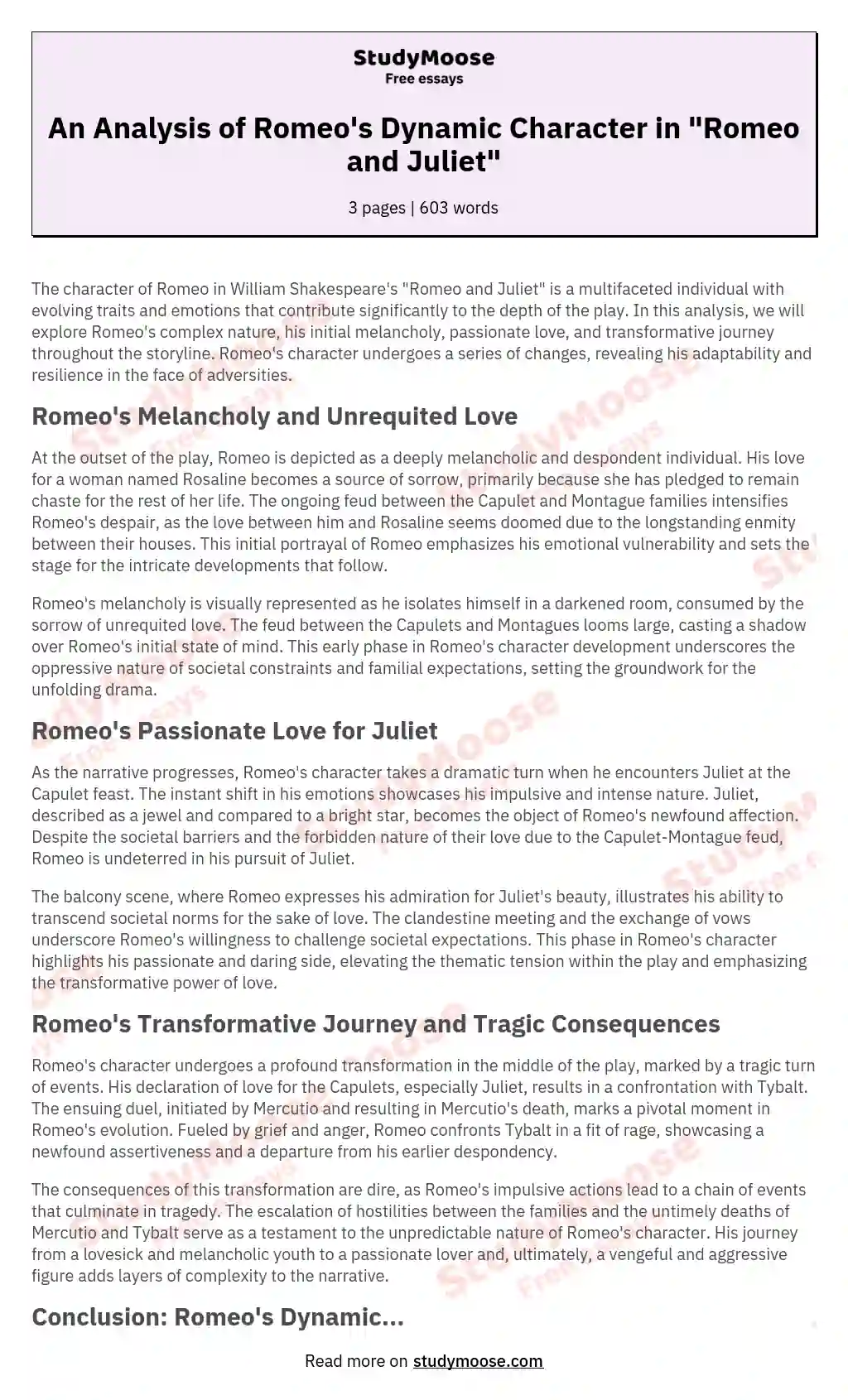 An Analysis of Romeo's Dynamic Character in "Romeo and Juliet" essay