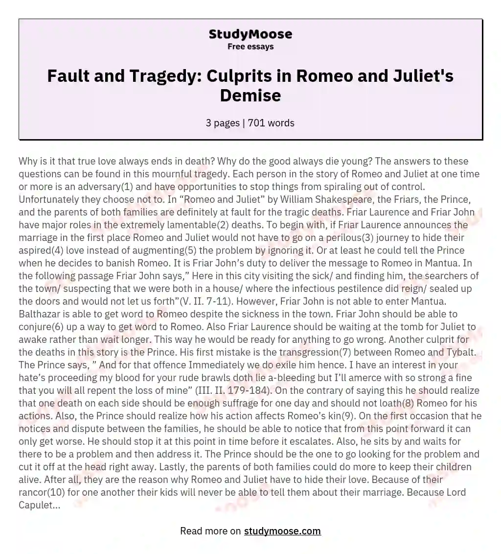 Fault and Tragedy: Culprits in Romeo and Juliet's Demise essay