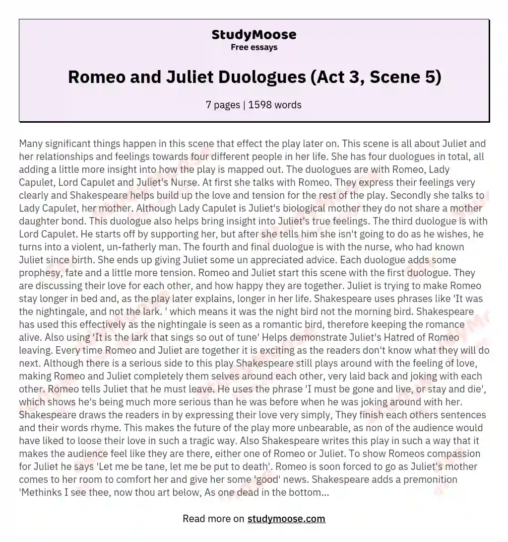 Romeo and Juliet Duologues (Act 3, Scene 5) essay
