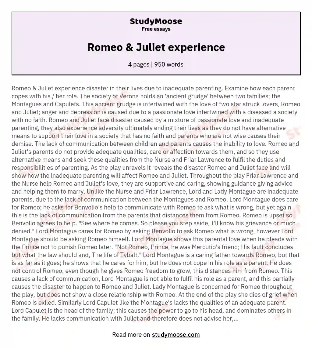 Romeo &amp; Juliet experience essay