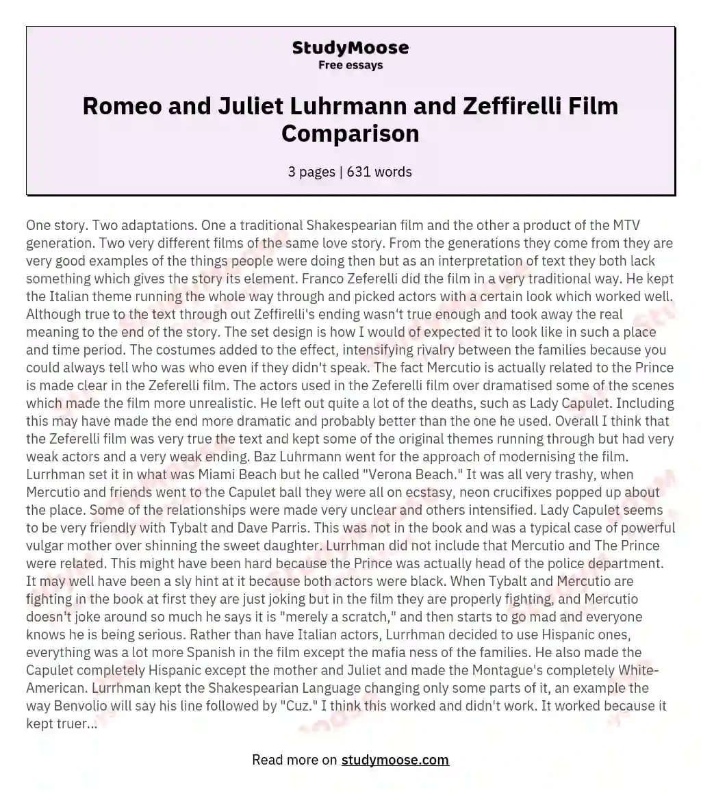 Romeo and Juliet Luhrmann and Zeffirelli Film Comparison