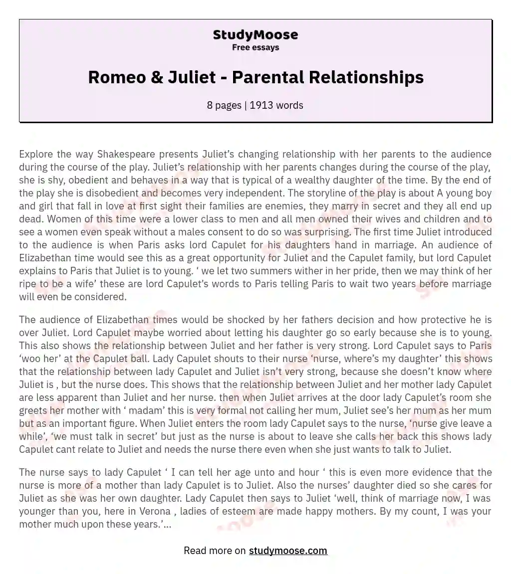Romeo & Juliet - Parental Relationships essay