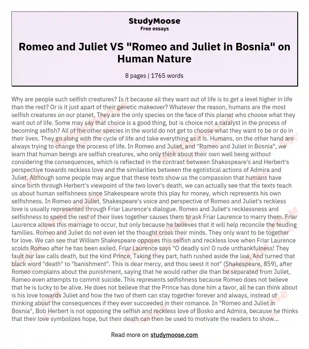 The Complex Nature of Human Selfishness in "Romeo and Juliet" essay