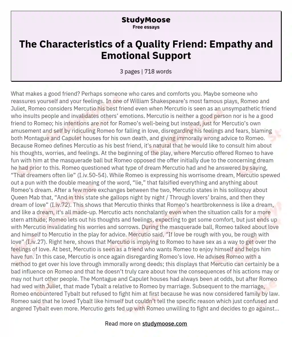 The Characteristics of a Quality Friend: Empathy and Emotional Support essay