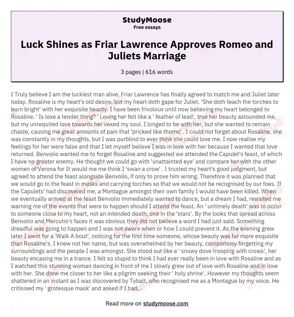 Luck Shines as Friar Lawrence Approves Romeo and Juliets Marriage essay