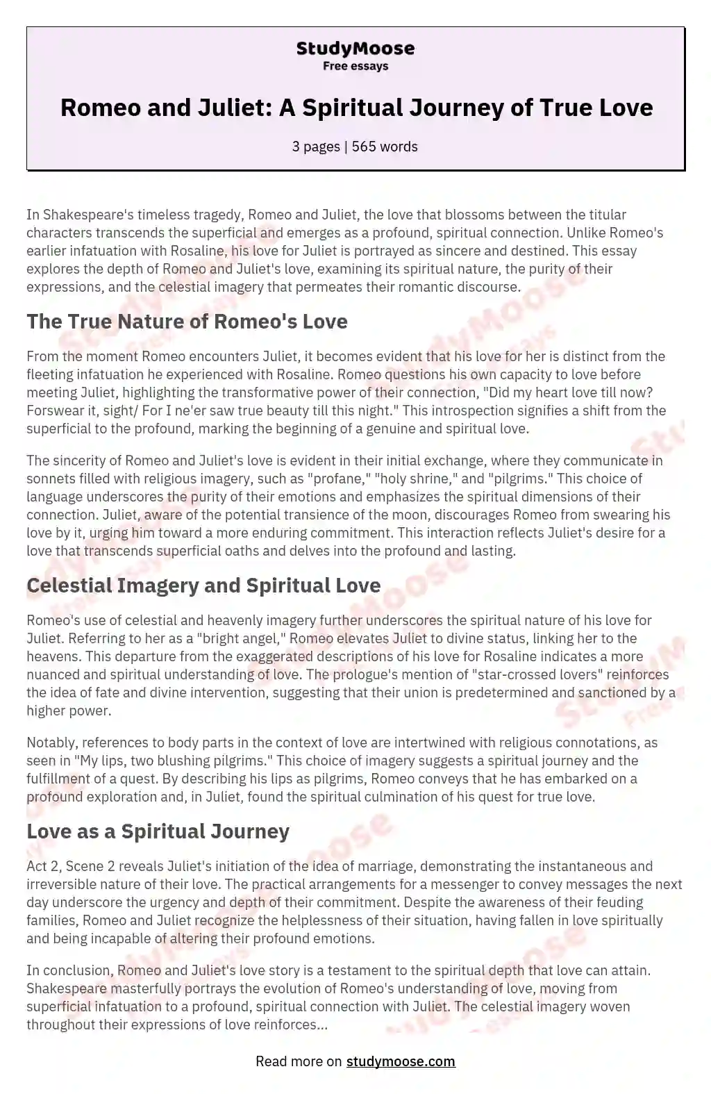 Romeo and Juliet: A Spiritual Journey of True Love essay