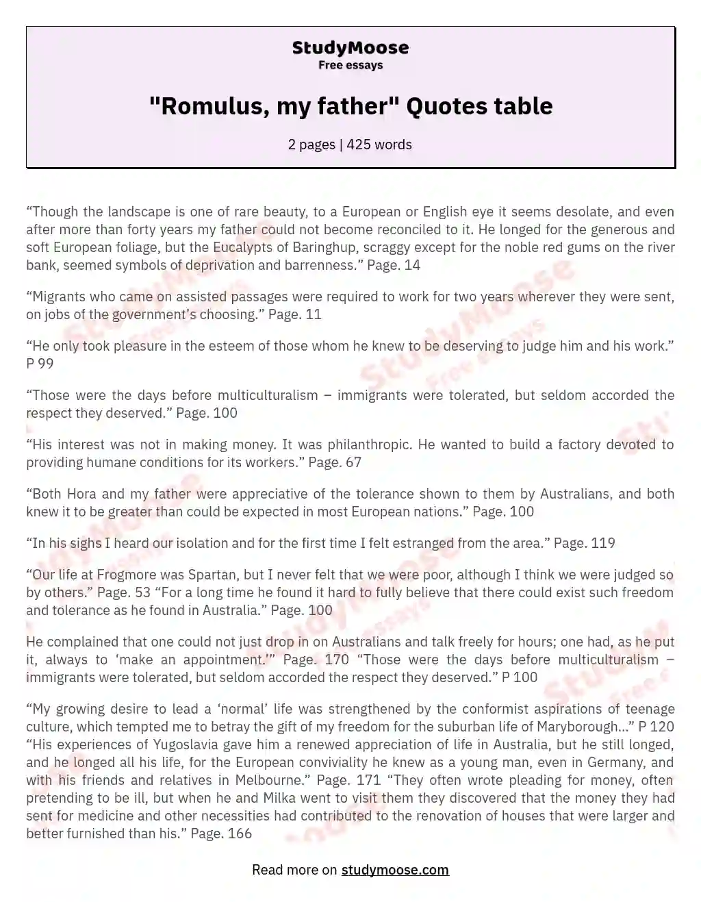 "Romulus, my father" Quotes table essay