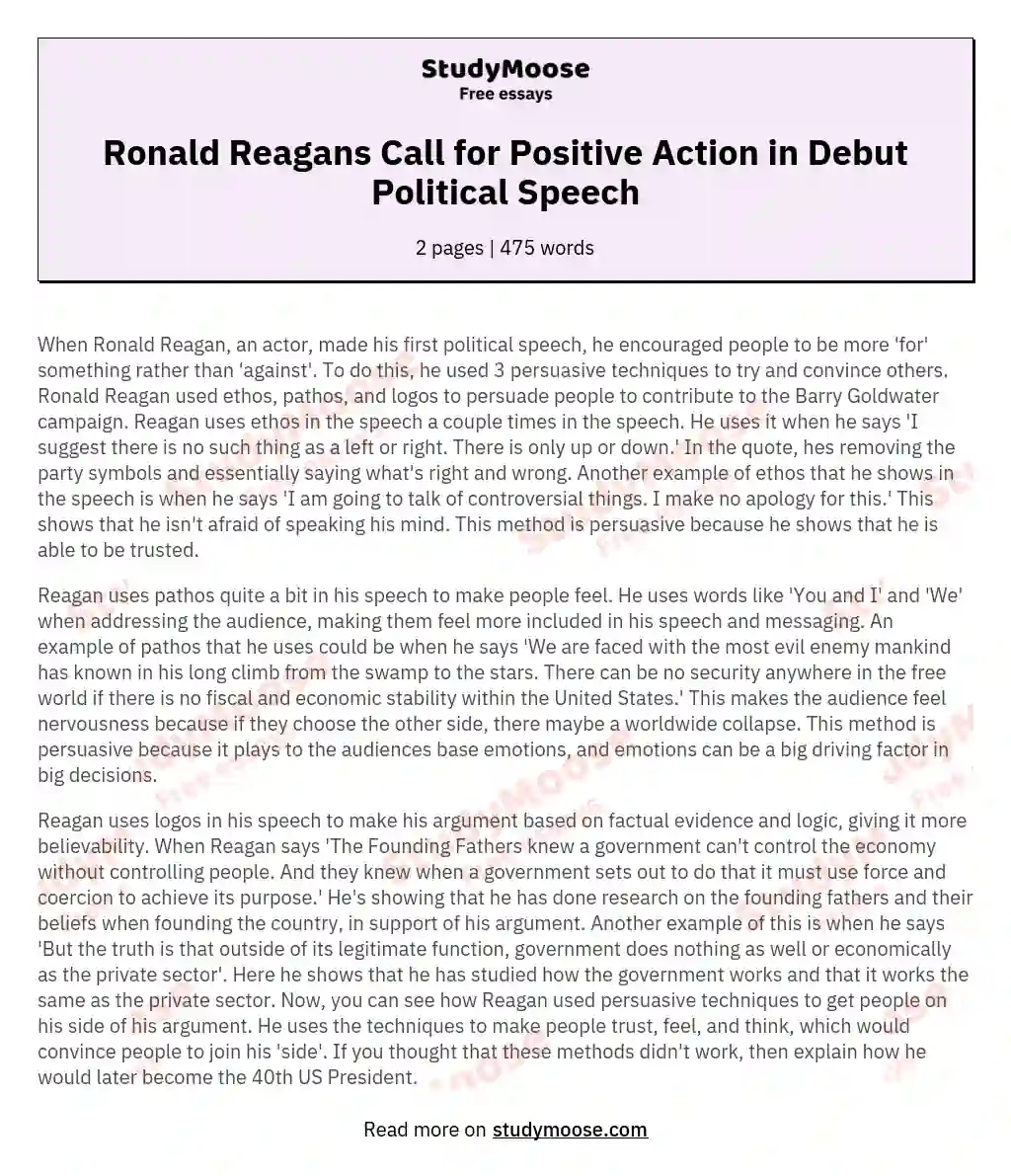 Ronald Reagans Call for Positive Action in Debut Political Speech essay