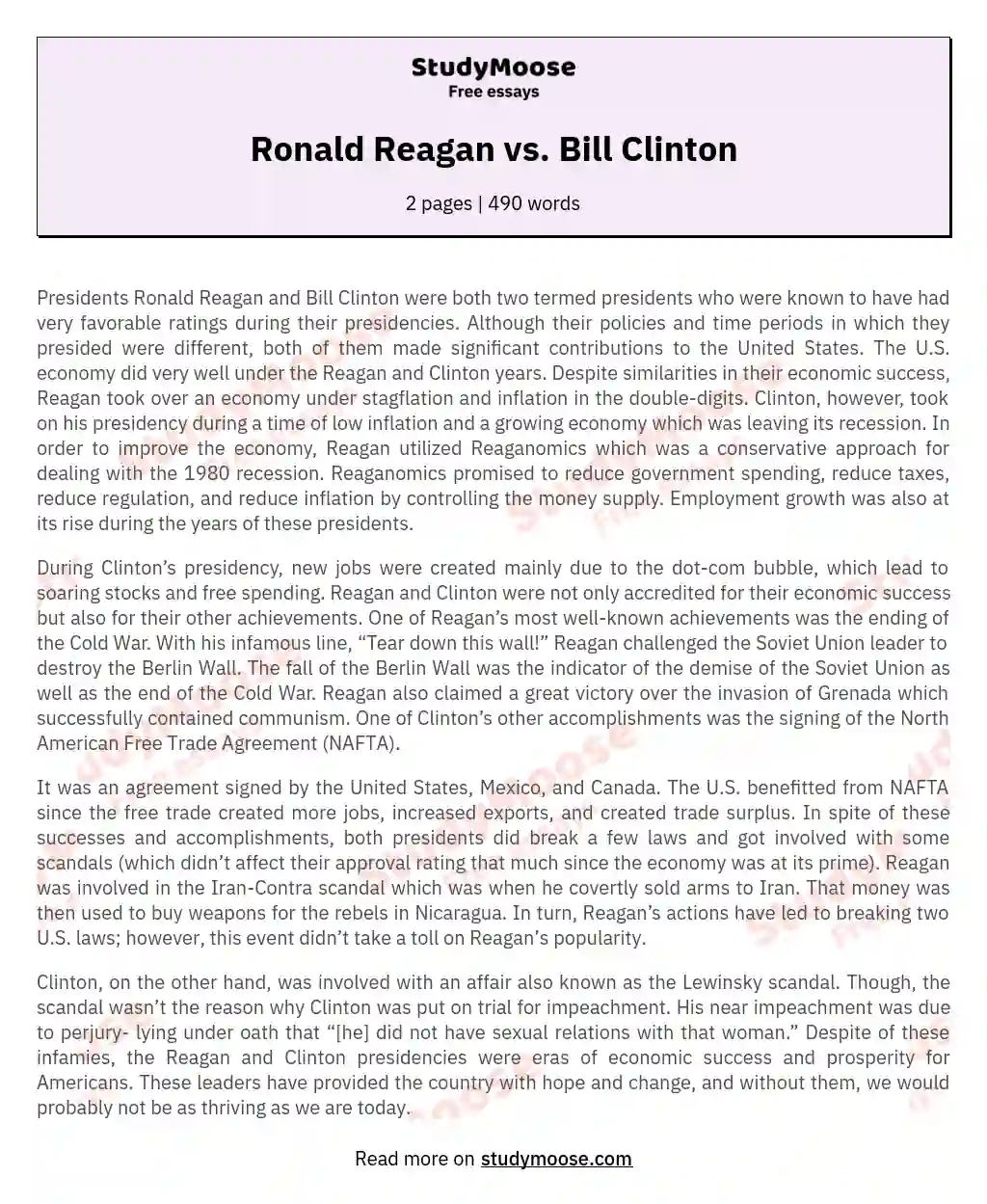 Ronald Reagan vs. Bill Clinton essay