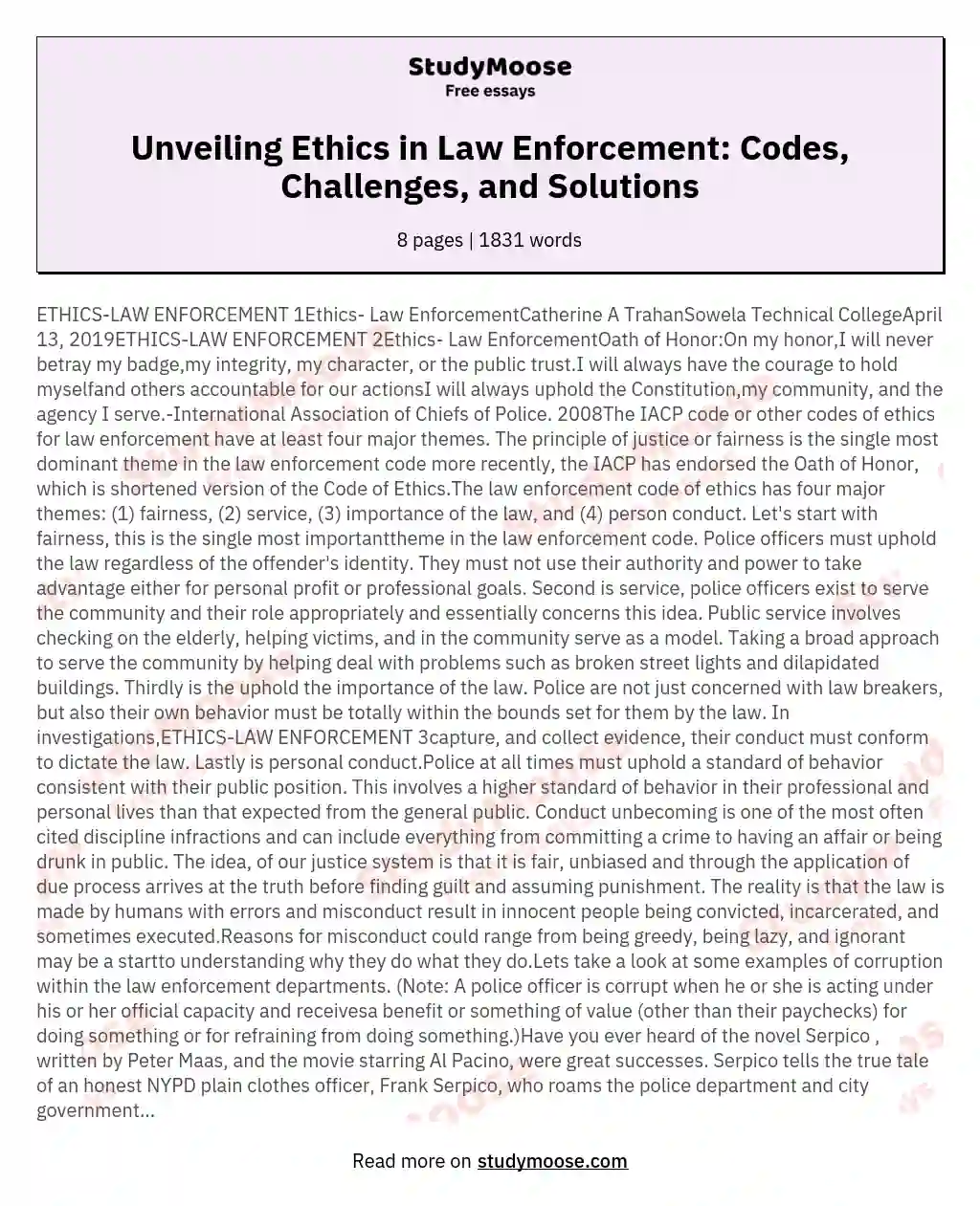 Unveiling Ethics in Law Enforcement: Codes, Challenges, and Solutions essay