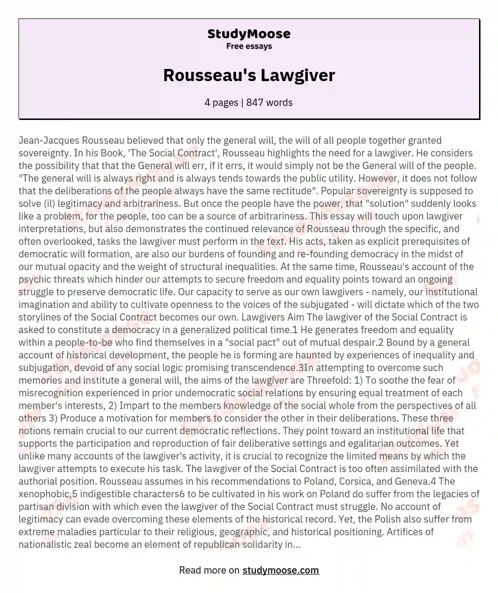 Rousseau's Lawgiver essay