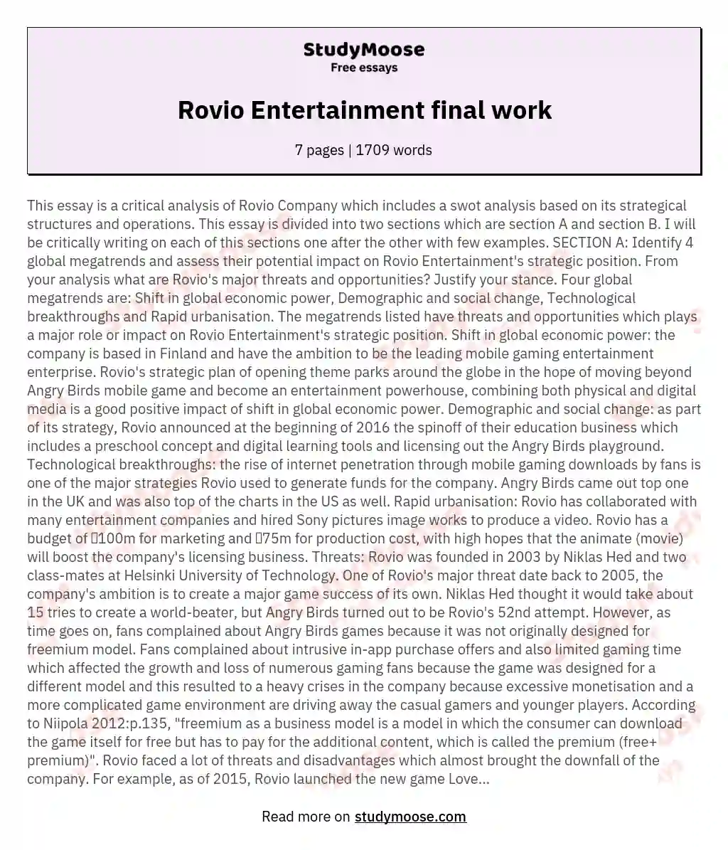 Rovio Entertainment final work essay