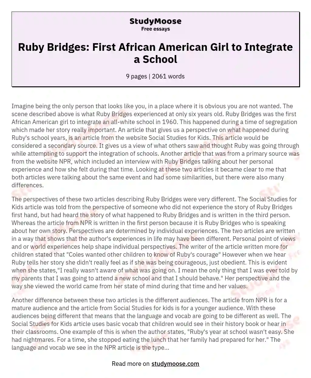 Ruby Bridges: First African American Girl to Integrate a School essay