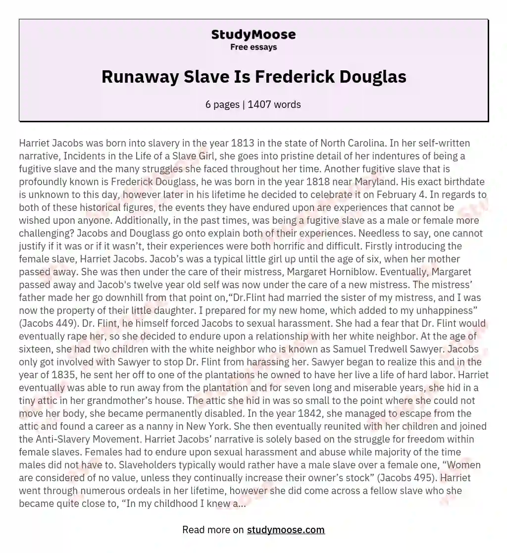 Runaway Slave Is Frederick Douglas essay