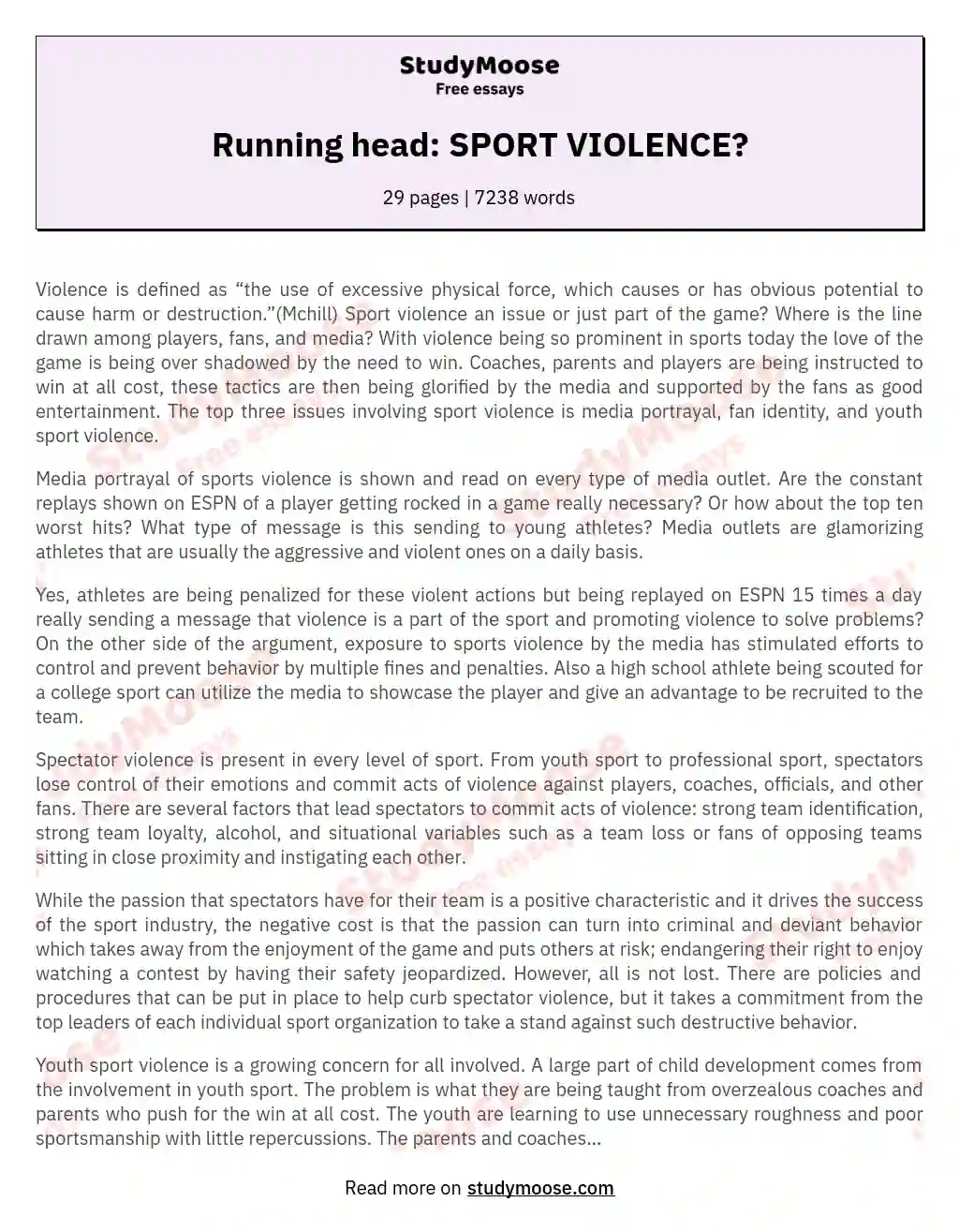 Running head: SPORT VIOLENCE? essay
