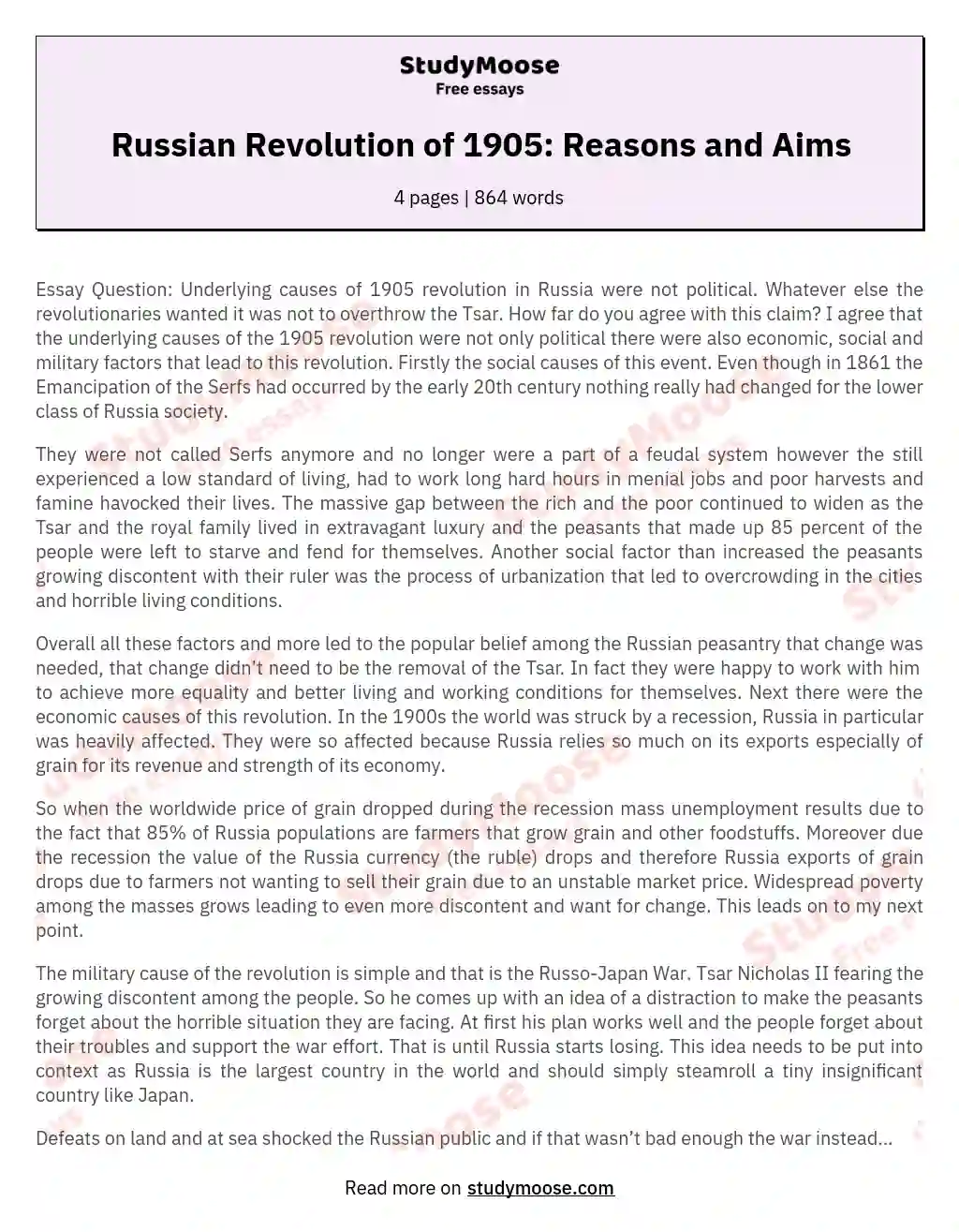 Russian Revolution of 1905: Reasons and Aims essay