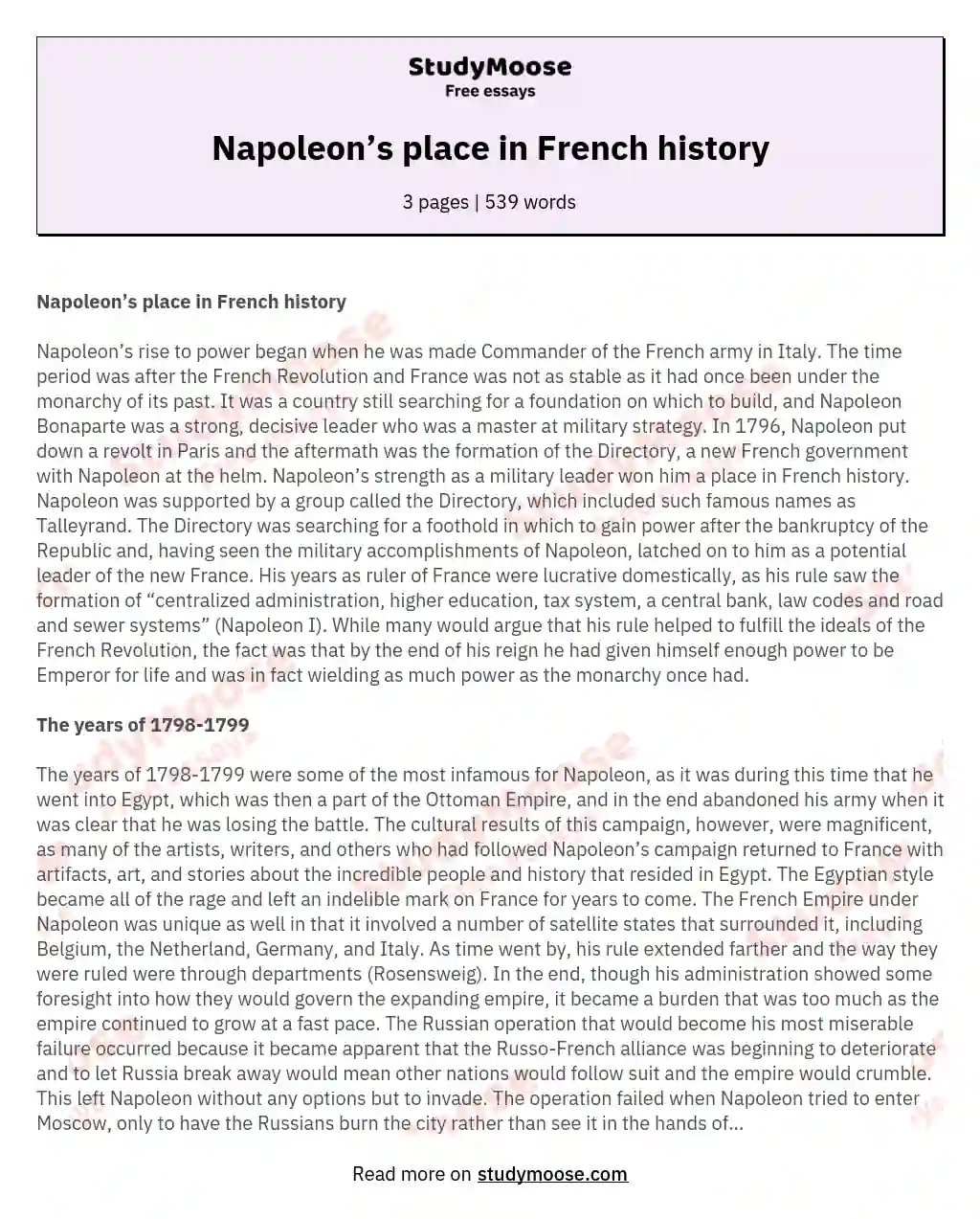 Napoleon’s place in French history essay