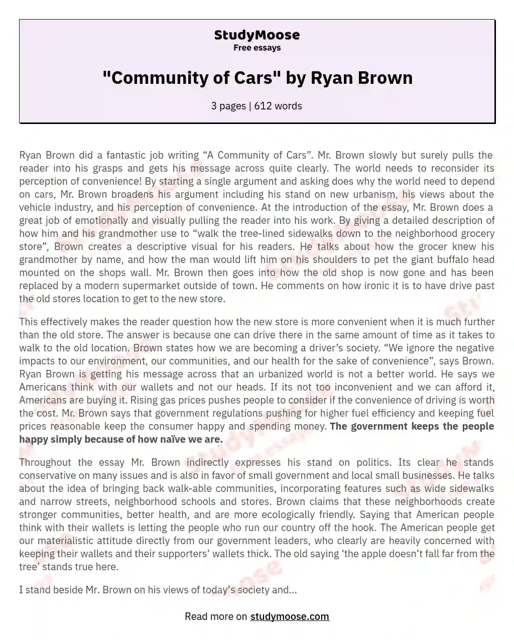 "Community of Cars" by Ryan Brown essay