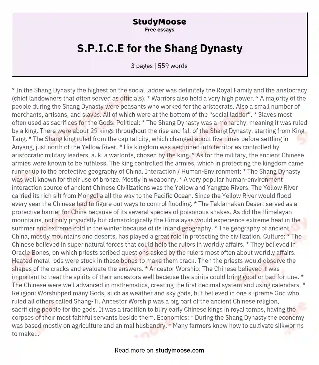S.P.I.C.E for the Shang Dynasty essay