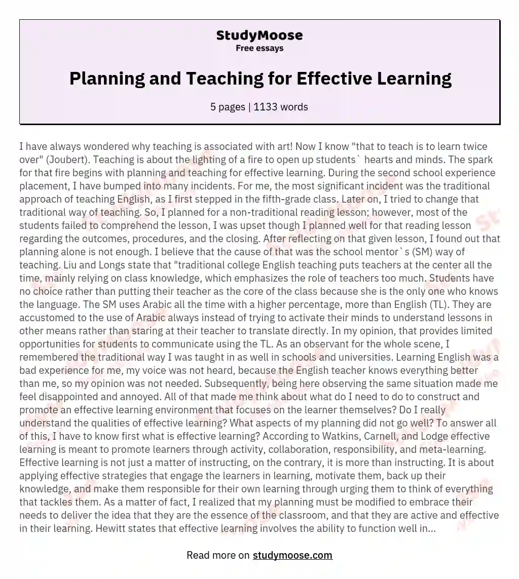 Planning and Teaching for Effective Learning essay