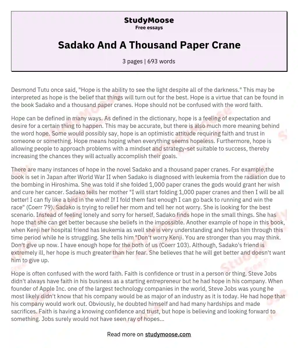 Sadako And A Thousand Paper Crane essay