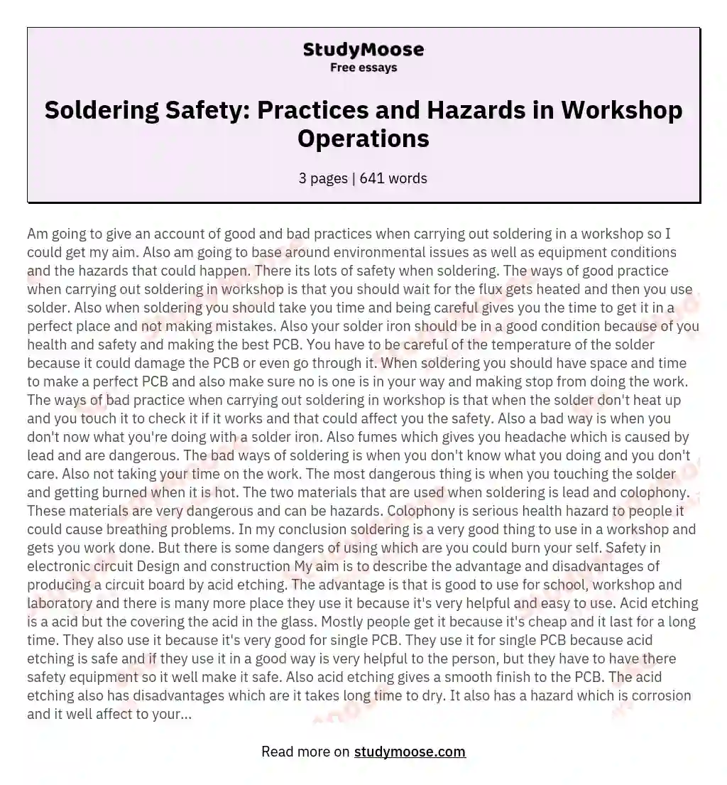 Soldering Safety: Practices and Hazards in Workshop Operations essay