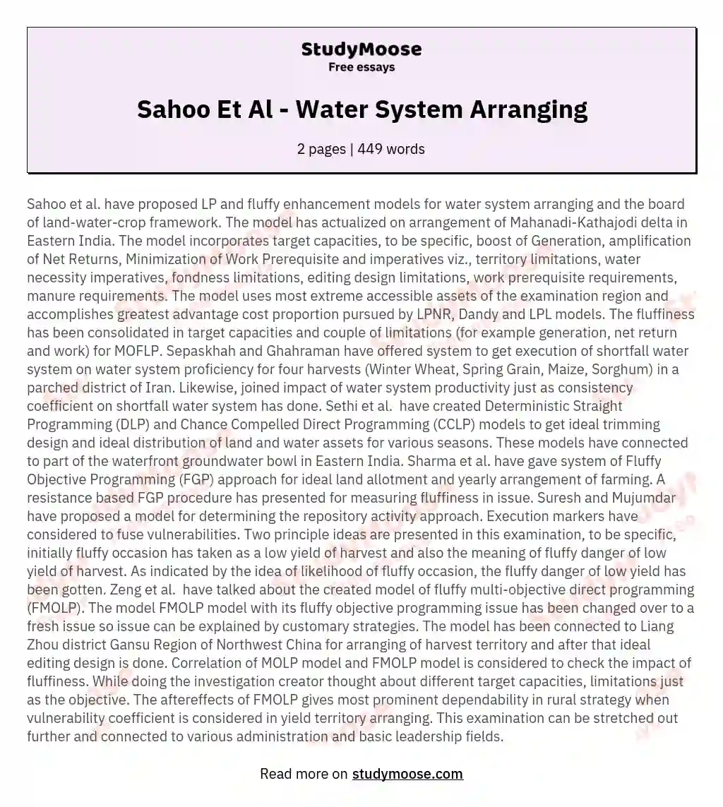 Sahoo Et Al - Water System Arranging essay