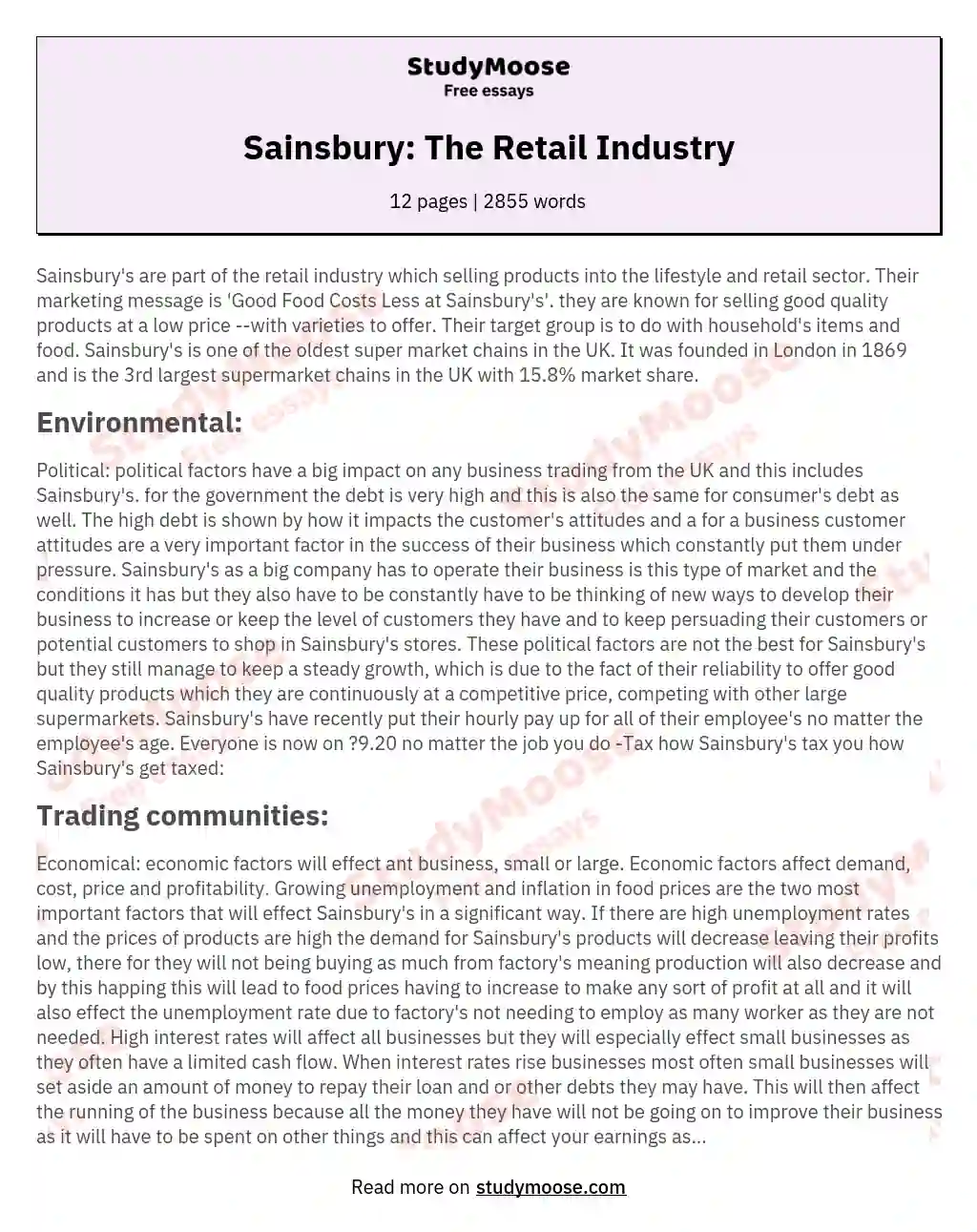 Sainsbury: The Retail Industry essay
