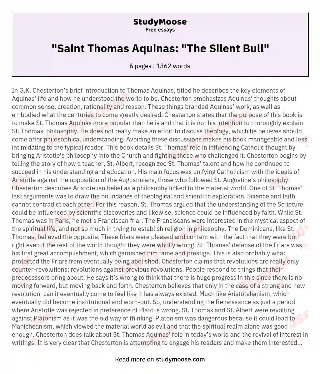 "Saint Thomas Aquinas: "The Silent Bull" essay