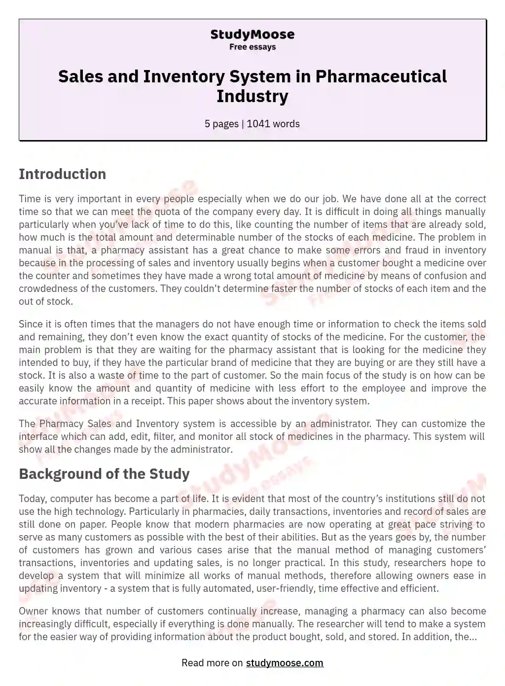 Sales and Inventory System in Pharmaceutical Industry essay