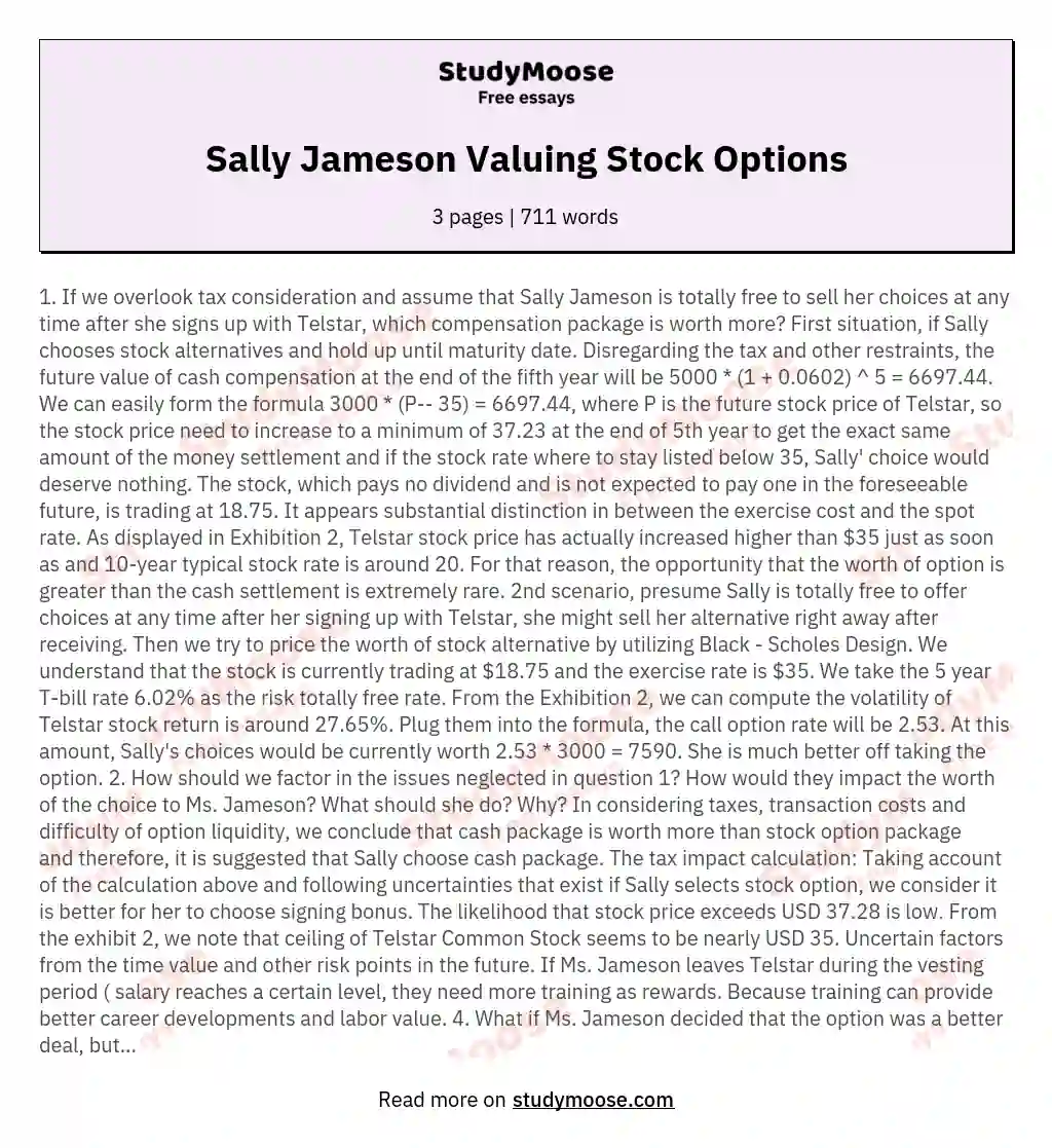 Sally Jameson Valuing Stock Options essay