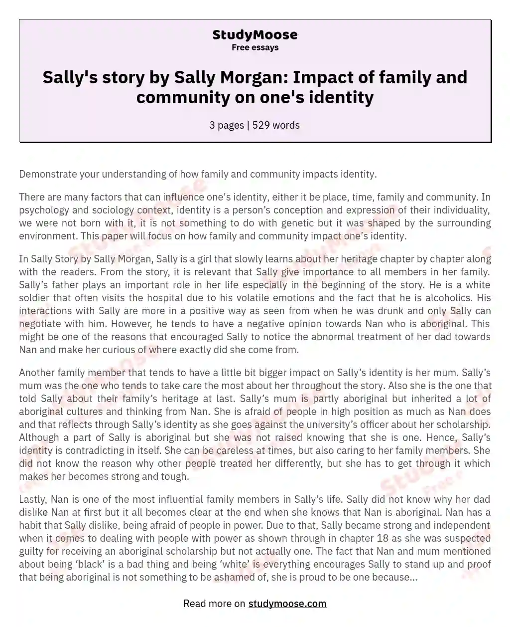 Sally's story by Sally Morgan: Impact of family and community on one's identity essay