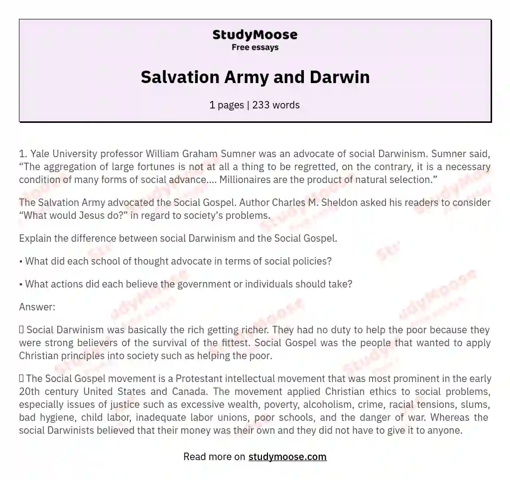 Salvation Army and Darwin essay