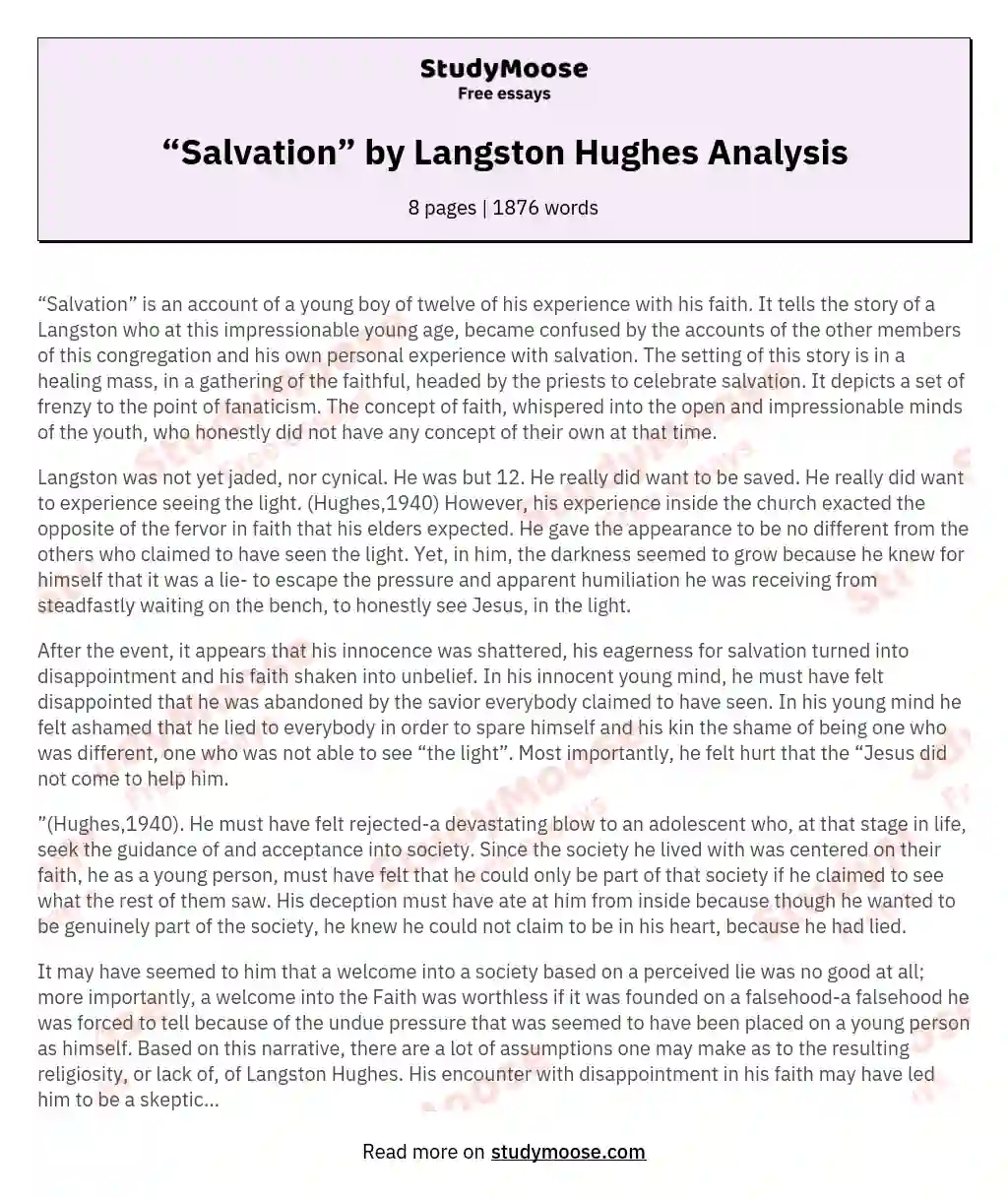 “Salvation” by Langston Hughes Analysis essay