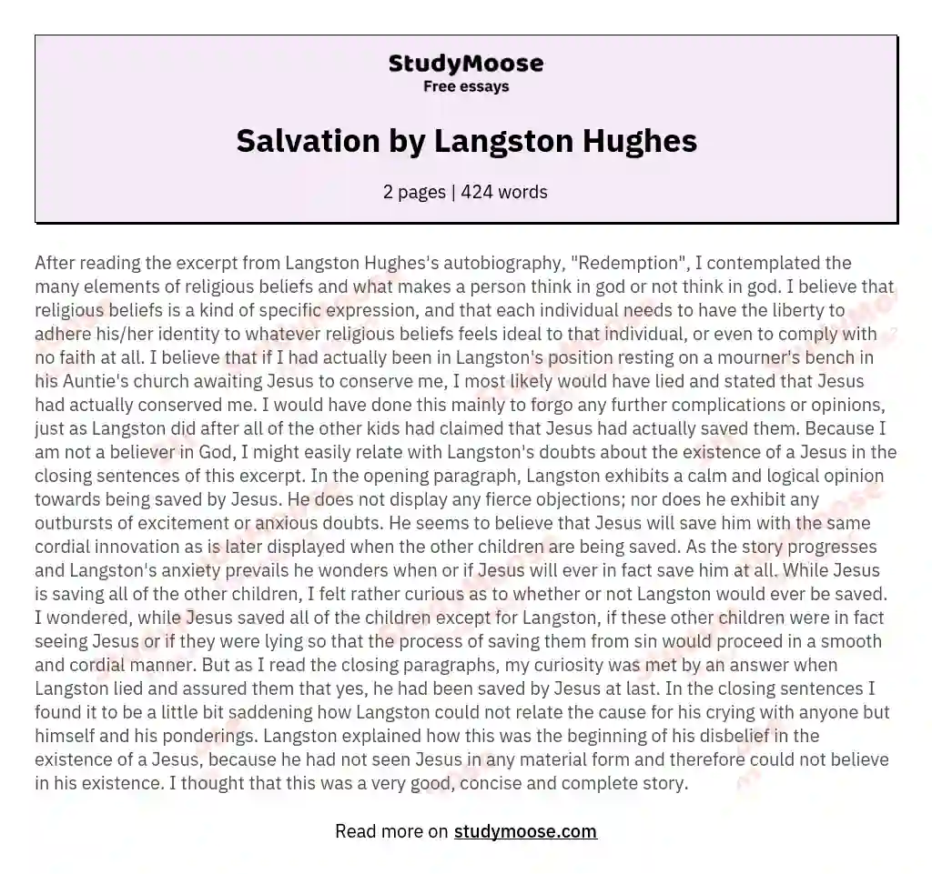 Salvation by Langston Hughes essay